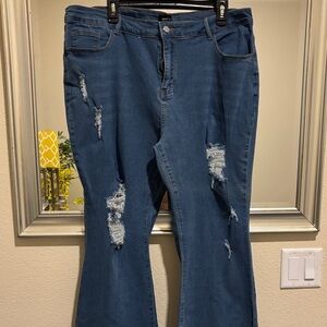 Chic Distressed Flare Jeans in Deep Blue